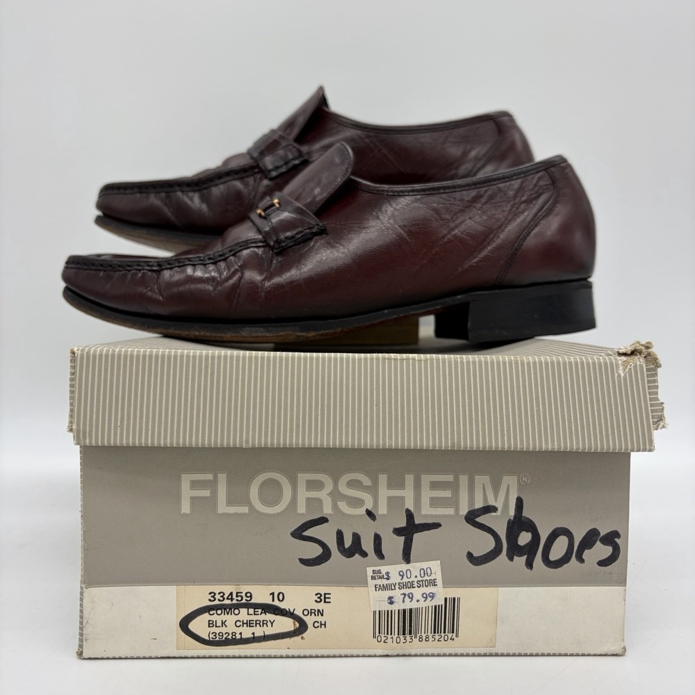 Vtg Florsheim Mens 10 3E EEE Loafers Dress Shoes Burgundy Leather Slip On Buckle